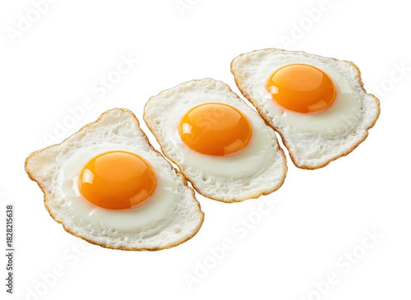 Fototapeta Three Perfectly Fried Eggs With Golden Yellow Yolk Isolated on a Clean Transparent Background with Soft Studio Lighting Illuminating the Crispy Edges of the Whites