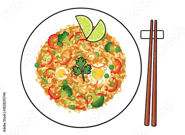 Fototapeta Top Down View Of A Delicious Fried Rice Dish Garnished With Lime Slices And Cilantro Served With Chopsticks on a White Plate Isolated on Black Background