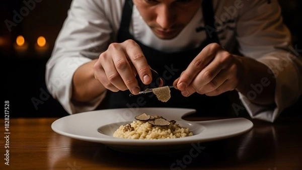 Fototapeta Chef Grating Fresh Truffle onto a Gourmet Risotto Dish