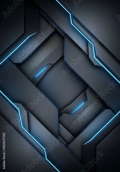 Fototapeta Futuristic dark gray pattern with blue neon lights for digital background
