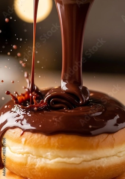 Fototapeta Indulgent chocolate cascade over a golden donut providing a tempting and decadent confection experience
