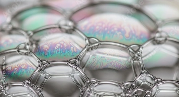 Fototapeta Iridescent Bubbles Forming Abstract Geometric Pattern Macro Photography