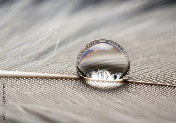 Fototapeta Reflections of Delicate Balance: A Water Droplet Embracing a Feather with Subtle iridescence