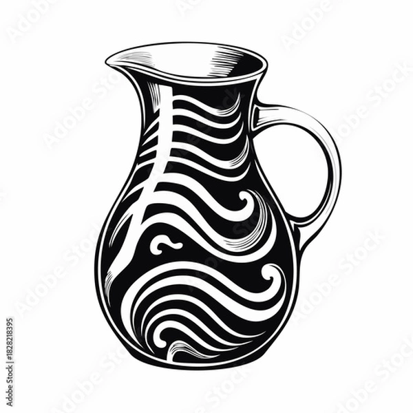 Fototapeta Elegant Black and White Jug Illustration with Swirling Design Depicting Fluidity