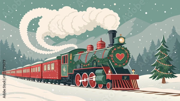 Obraz Vintage steam engine hauling a freight train on a snowy railway track with Santa Claus aboard the antique locomotive