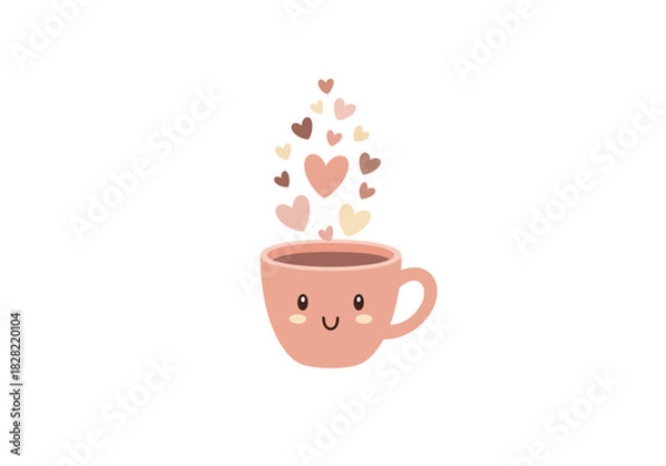 Fototapeta Cute Smiling Face Coffee Mug Illustration with Heart Steam on Valentine's Day