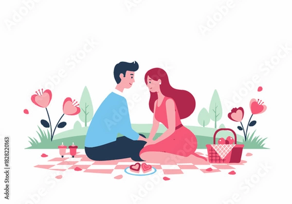 Fototapeta Affectionate Picnic of Young Couple: Sharing Heart Desserts and Drinks on Valentine's Day 