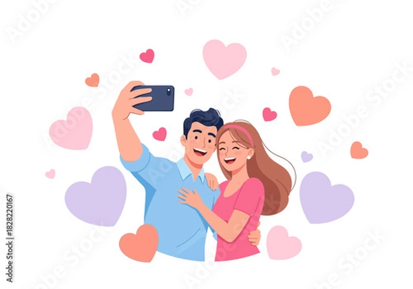 Fototapeta Sweet Couple Taking Valentine's Day Selfie with Heart Background Full of Love