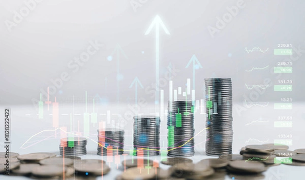 Fototapeta Stacked coins with digital financial charts and rising arrows illustrate investment growth, market performance, economic trends, and wealth management, representing long-term financial planning.
