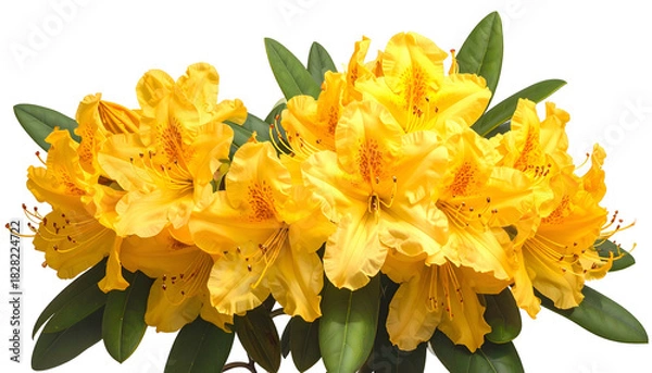 Obraz Bright yellow rhododendron blooms and green leaves isolated on a transparent background