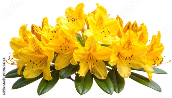 Obraz Close-up of vibrant yellow flowers with dark green leaves on a transparent background