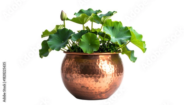 Obraz Lotus plant with large, green leaves and a bud in a hammered copper bowl against black