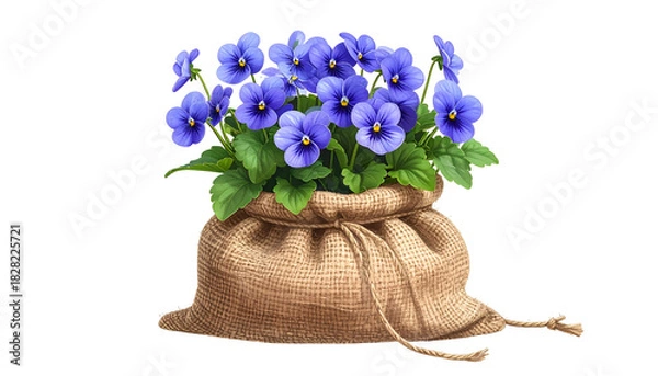 Obraz A close-up of a burlap sack brimming with vibrant blue pansies and green leaves