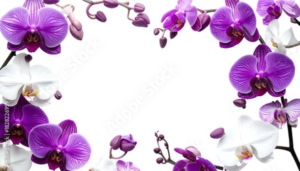 Obraz A vibrant frame of purple and white orchids against a black background