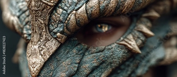 Fototapeta Intense gaze of a fantasy warrior peering through an ancient, stone-like dragon scale mask or helmet