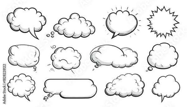 Obraz Collection of cartoon speech bubbles and thought balloons, outlined in black, on a dark background