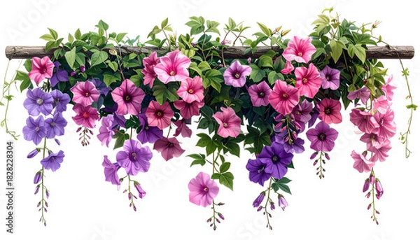 Obraz Lush cascading vines with pink, purple blooms, green leaves, atop a wooden beam