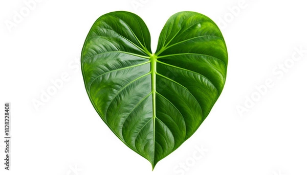 Obraz Vivid close-up of a heart-shaped, glossy green leaf with visible veins, isolated on black