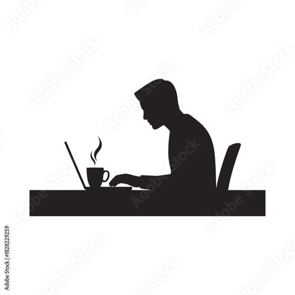 Fototapeta Silhouette of a person working on a laptop with a coffee cup