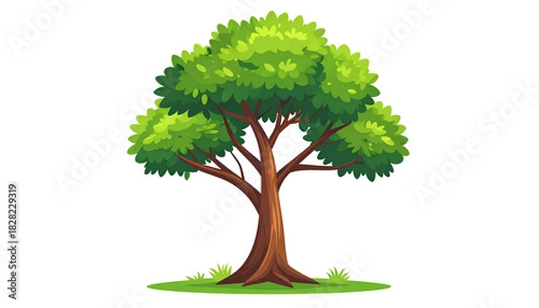 Obraz A cartoon tree with lush green foliage, a brown trunk, and small patches of grass