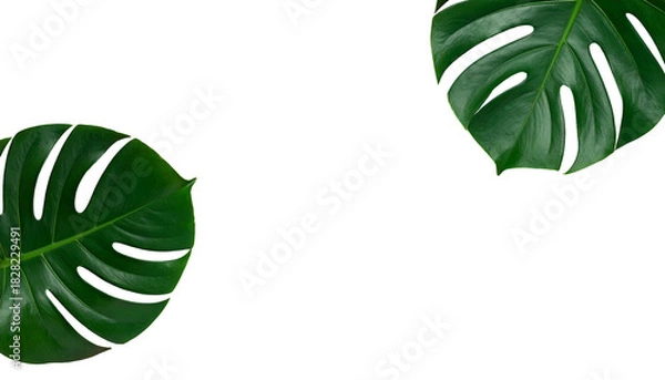 Obraz Two vibrant, glossy Monstera deliciosa leaves on stark, solid black background