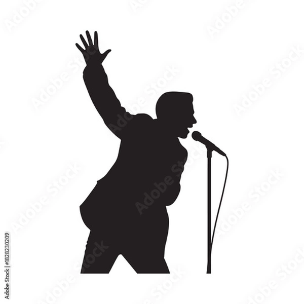 Fototapeta Silhouette of a singer performing on stage with microphone