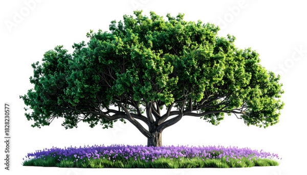Obraz Lush tree with vibrant green canopy, sturdy trunk, set on bed of purple flowers, black background