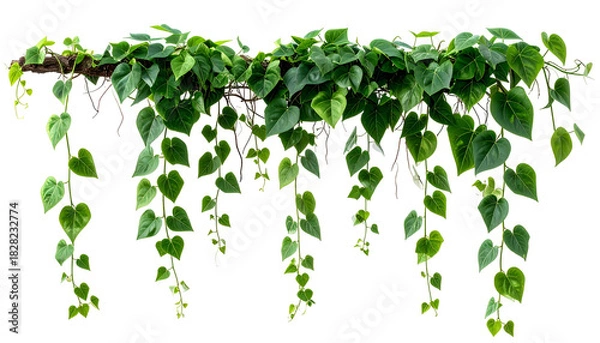 Obraz Lush green heart-shaped leaves of a climbing plant cascade downwards from a wooden beam
