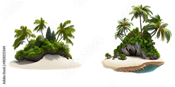 Obraz Two Tropical Islands with Palm Trees and Lush Greenery on White Background paradise island isolated on a transparent background