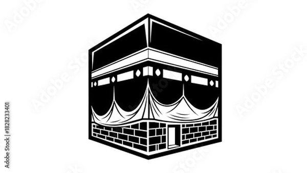 Obraz White Outline Drawing of the Kaaba in Mecca on a Black Background Islam Muslim isolated on a transparent background