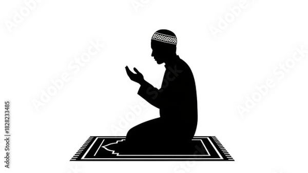 Obraz White Outline Silhouette Of A Man Praying On A Rug With Islamic Geometric Pattern muslim isolated on a transparent background