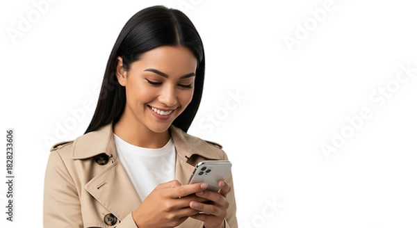 Obraz Woman in trench coat looking at smartphone and smiling on black background female isolated on a transparent background