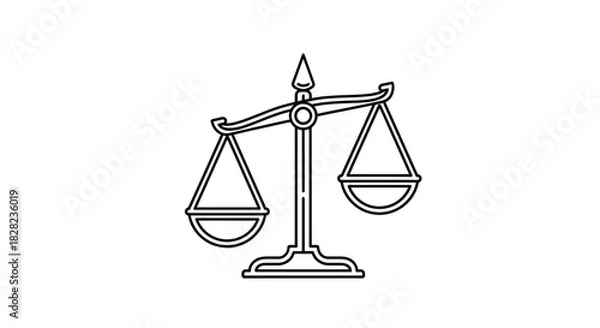 Fototapeta A black and white line drawing of a classic balance scale, symbolizing justice, law, and measurement.