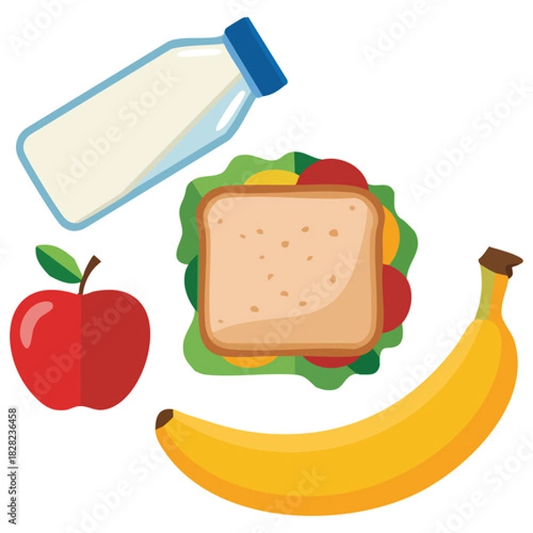 Obraz Brown paper lunch bag with juice apple sandwich recycle vector