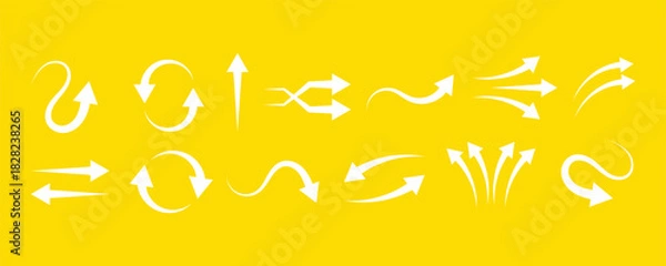 Obraz Set of White Hand-Drawn Style Dynamic Arrow Icons with Swirl and Speed Effects on Vibrant Yellow Background