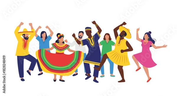 Fototapeta Multicultural celebration with diverse group dancing joyfully, embracing global unity through vibrant cultural expression and community spirit, a lively fiesta