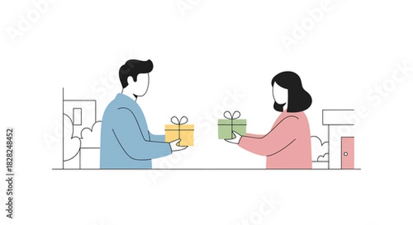 Fototapeta Thoughtful gift exchange between friends fostering connection and appreciation, perfect for holiday promotions and heartwarming moments in vector style art