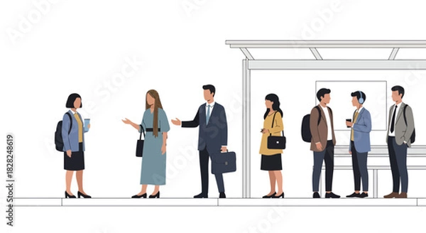 Fototapeta Diverse professionals waiting at modern transit stop, commuting to work, showcasing urban lifestyle, perfect for business and city life illustrations