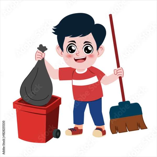 Obraz Boy Throwing Trash into Bin Illustration