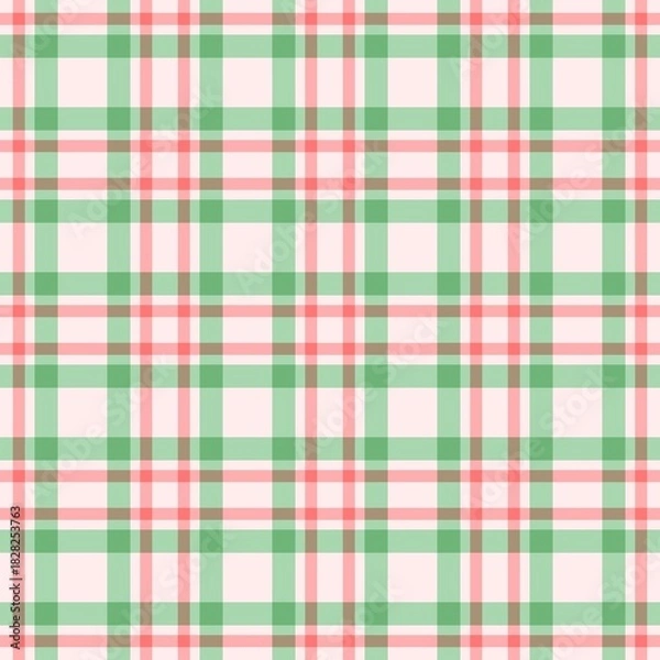 Fototapeta Seamless festive gingham plaid pattern in soft green, blush pink, and cream, perfect for holiday-themed designs. A gentle, cozy tartan textile background ideal for Christmas, winter and fashion.