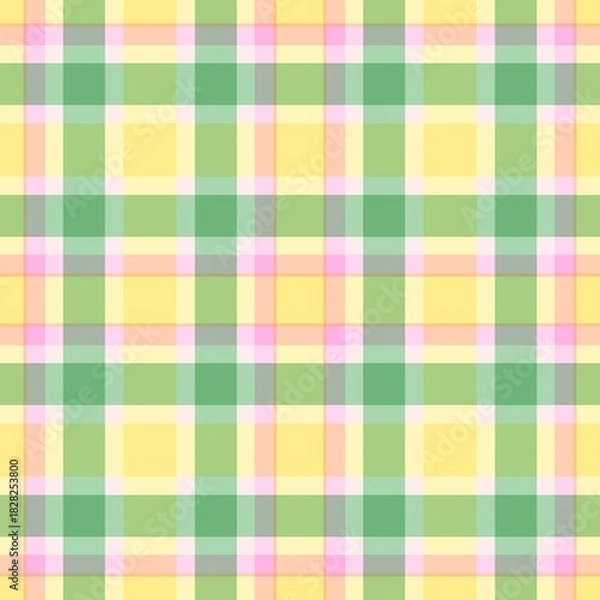 Fototapeta Seamless pastel gingham plaid pattern in sunny yellow, spring green, and blush pink. Cheerful tartan textile background perfect for Easter, summer, baby, party invitations, and digital scrapbooking.