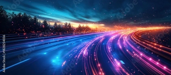 Obraz Glowing road at sunset, forest background; tech concept