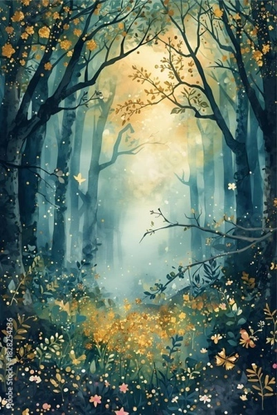 Obraz Enchanted Watercolor Forest with Golden Light and Glittering Foliage