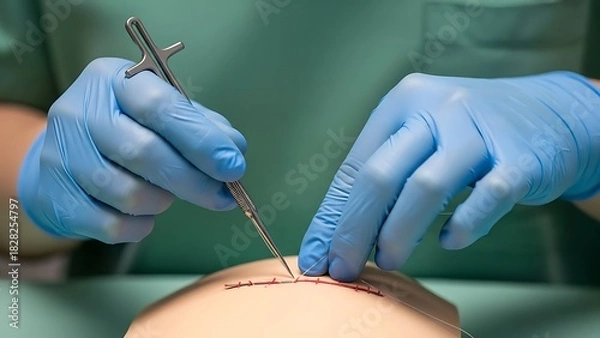 Fototapeta Gloved Hands Suture Training Simulated Incision With Needle Holder