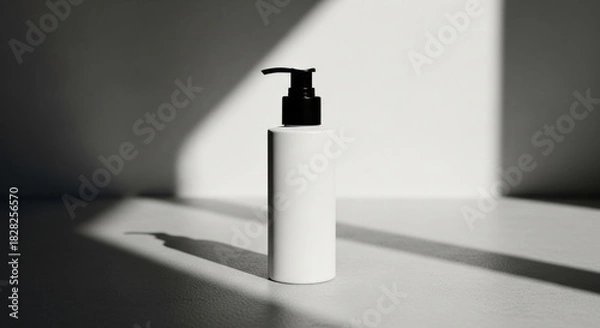 Fototapeta Minimalist Product Shot of White Lotion Bottle with Black Pump Under Sunlight Effects
