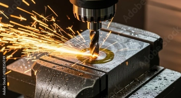 Fototapeta Precision machining operation: A drill boring a hole into a metal block creating sparks during the