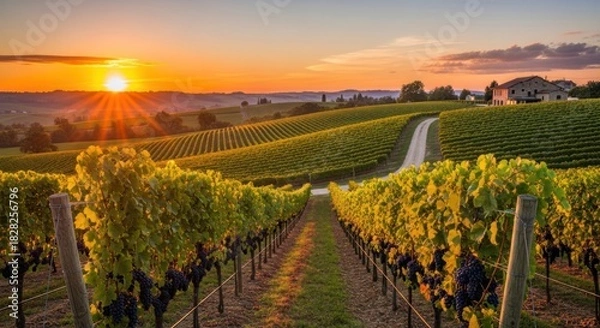 Fototapeta Scenic vineyard landscape at sunset showcasing rows of grapevines and rolling hills under a