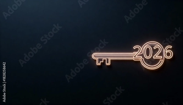 Fototapeta Glowing Neon Key Illustration with the Year 2026 on a Dark Background for Creative Concepts