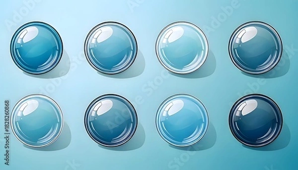 Obraz Set of shiny blue glass spheres, glossy orbs, and circular buttons for web design and user interface elements on a light blue background