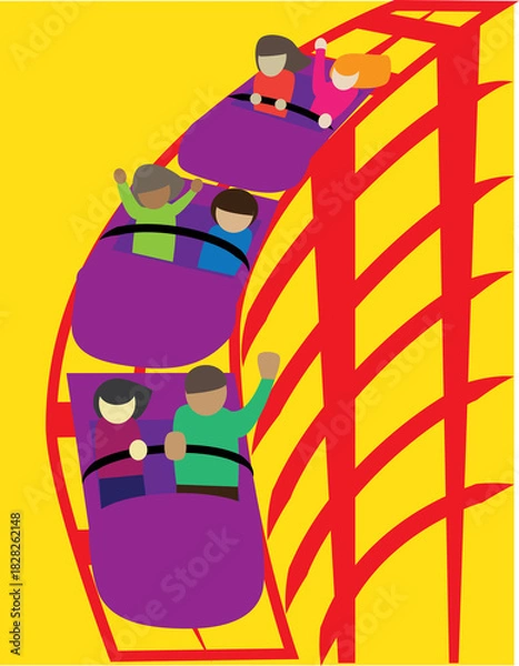 Fototapeta A vector art of people riding the fast thrilling roller coaster ride. 